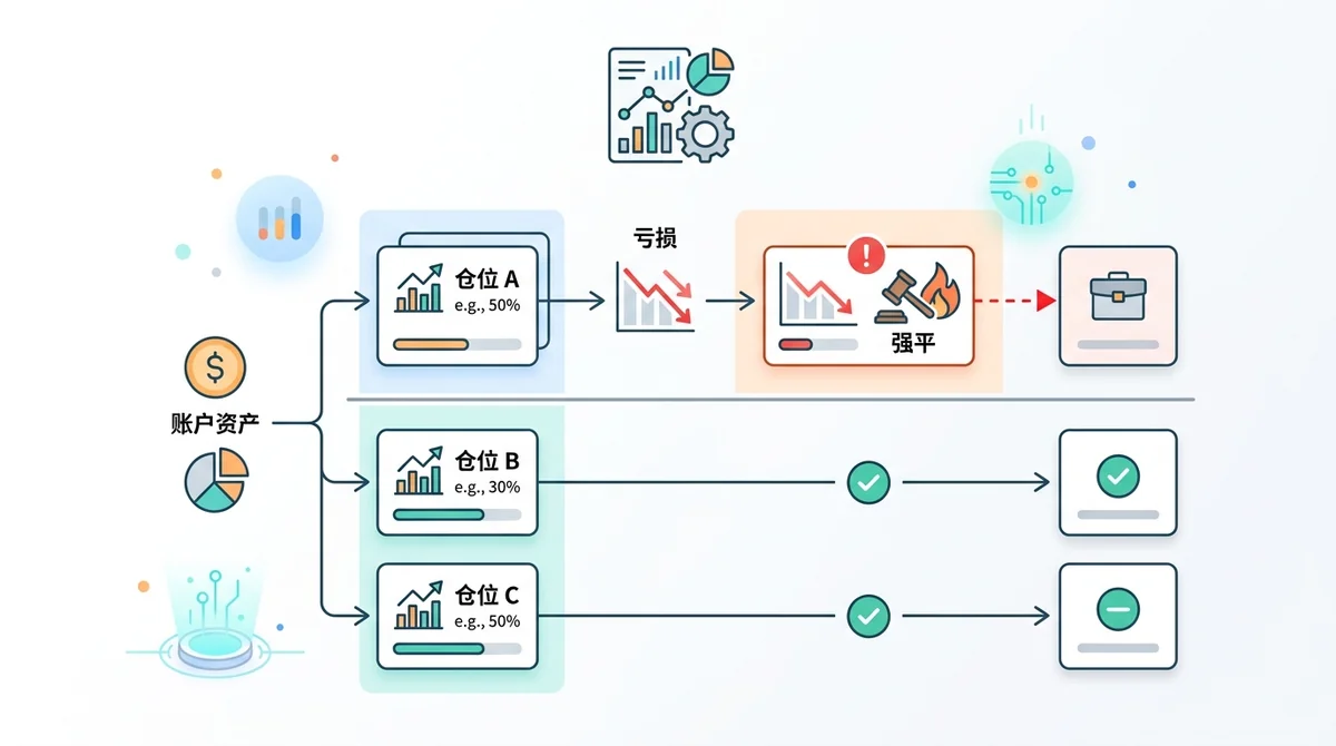 逐仓保证金亏损与强平流程示意图：展示保证金不足时触发该仓位强平，且其他仓位不受影响的流程。