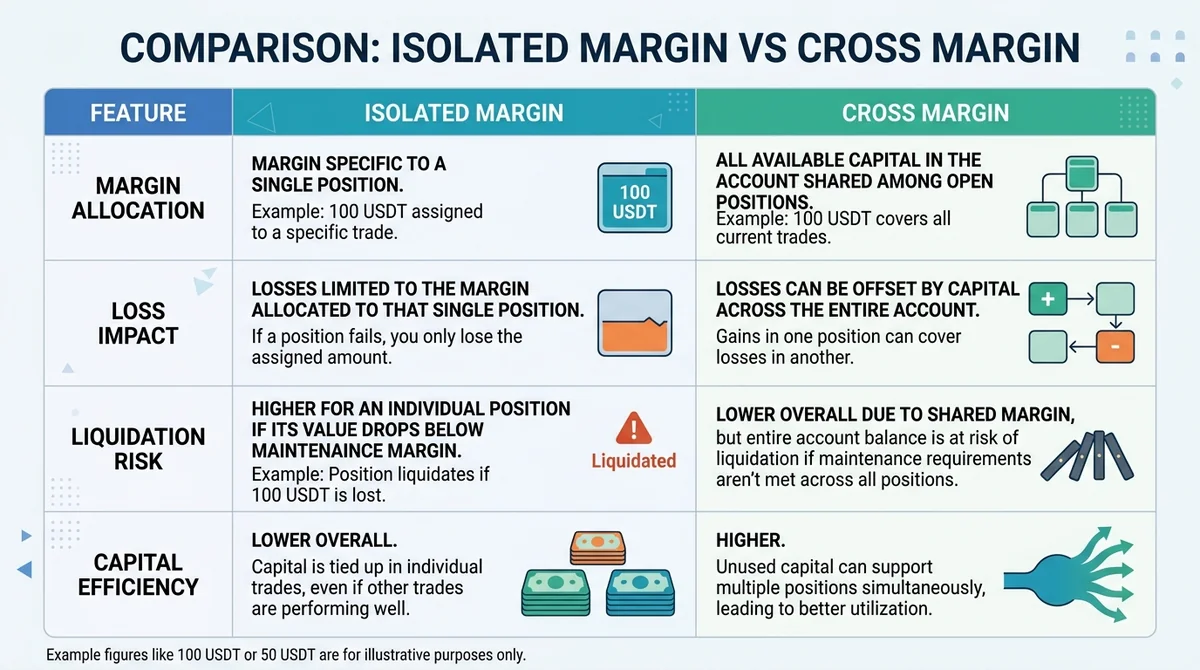 Wide 16:9 horizontal comparison chart, clean table layout with two columns for Isolated Margin and Cross Margin, rows for mar