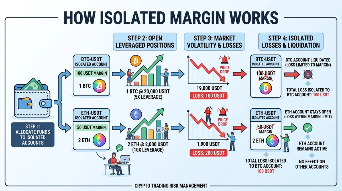 Wide 16:9 horizontal infographic, four steps from left to right, colorful icons for BTC and ETH, arrows showing loss isolatio