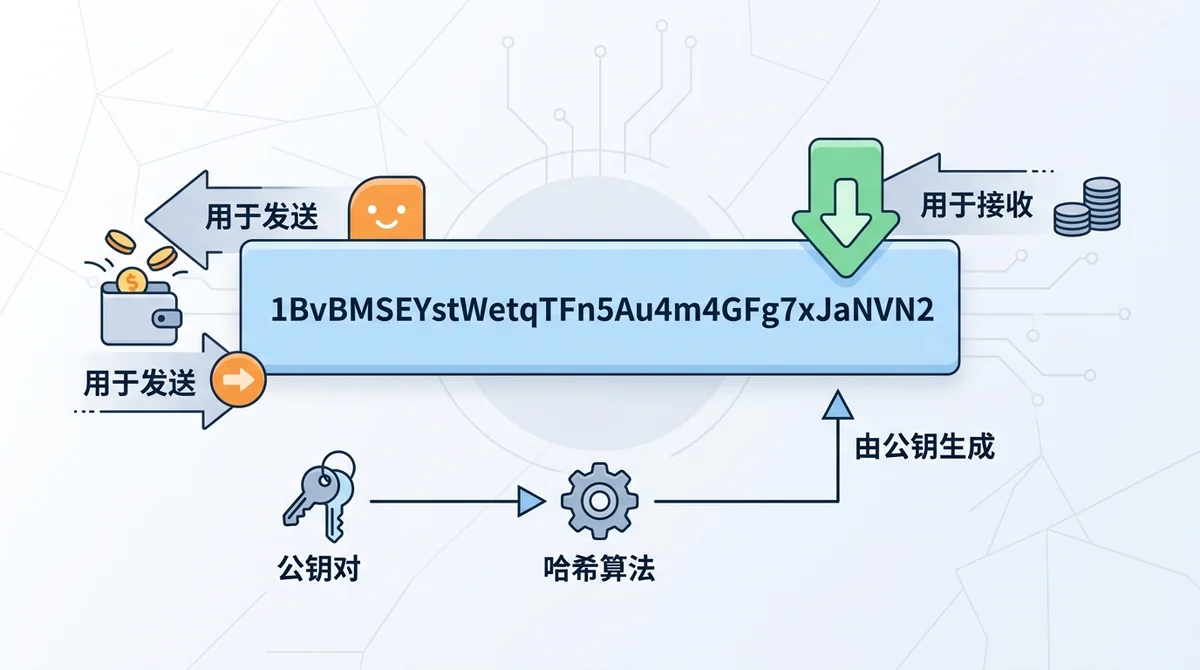 加密货币地址概念示意图：展示一个地址字符串，用箭头标注'用于接收'和'用于发送'，并说明地址是由公钥生成