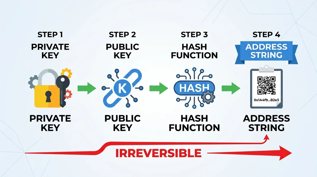 Wide 16:9 horizontal infographic, main subject centered, modern flat design, four-step flow from left to right: private key i