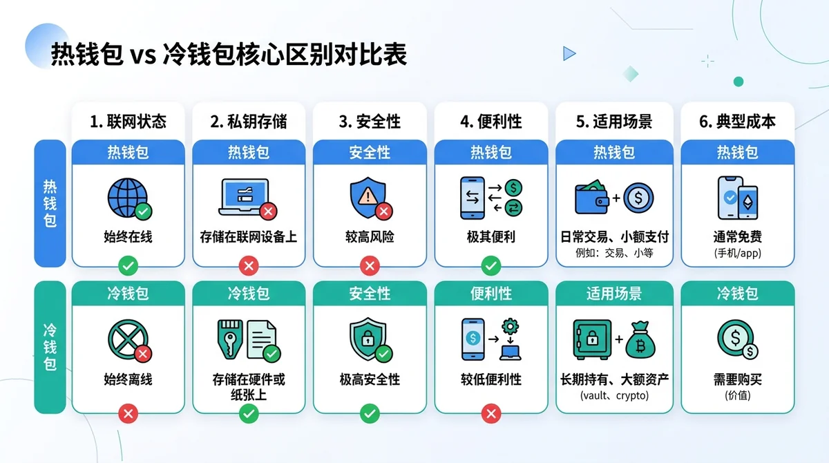 热钱包 vs 冷钱包核心区别对比表，包含维度：联网状态、私钥存储、安全性、便利性、适用场景、典型成本，每项用对勾/叉号或文字标注