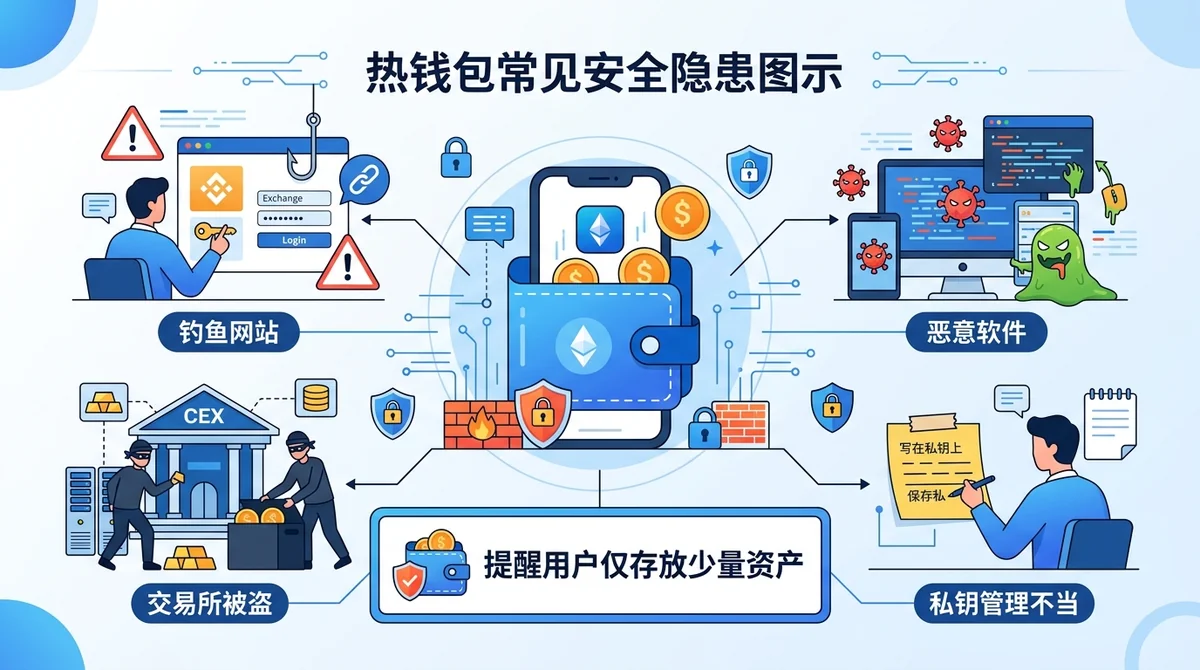 热钱包常见安全隐患图示：展示钓鱼网站、恶意软件、交易所被盗等风险场景，用图标和简短文字说明，提醒用户仅存放少量资产