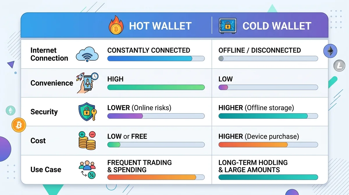 Wide 16:9 horizontal comparison chart, two columns labeled 'Hot Wallet' and 'Cold Wallet', rows: Internet connection, Conveni