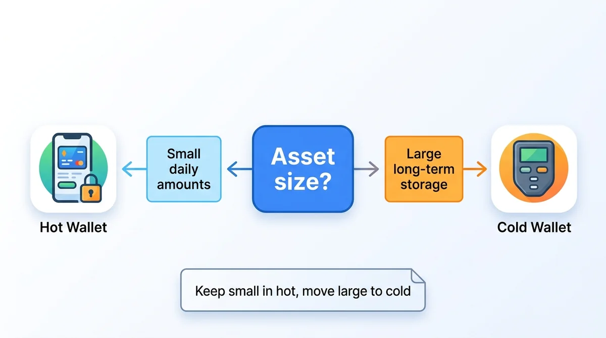 Wide 16:9 horizontal flow diagram, central question 'Asset size?', two branches: left 'Small daily amounts' arrow to smartpho