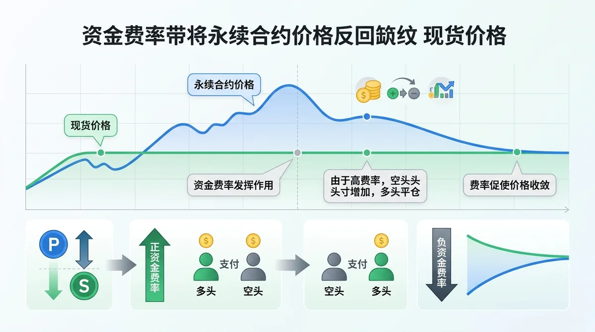 示意图展示当永续合约价格偏离现货价格时,资金费率如何发挥作用将其拉回,包含现货价格线和合约价格线收敛的图示。