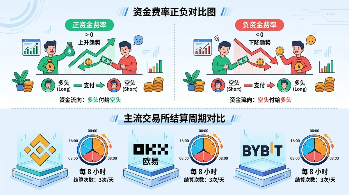 对比图展示资金费率正负时多空支付方向,并对比主流交易所的结算周期(如Binance 8小时、OKX 8小时、Bybit 8小时等)。