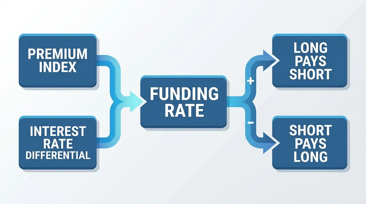 Wide 16:9 horizontal infographic, flow diagram with three boxes: 'Premium Index' and 'Interest Rate Differential' feeding int