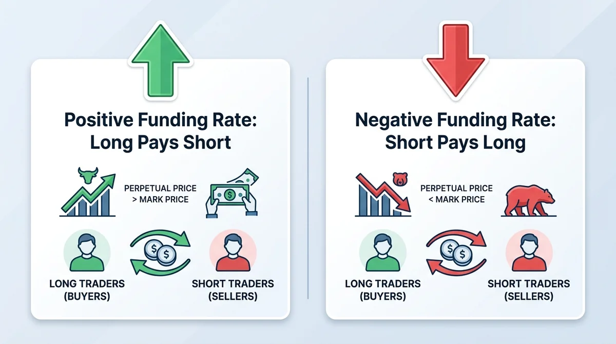 Wide 16:9 horizontal diagram, two side-by-side panels, left panel with green up arrow and label 'Positive Funding Rate: Long