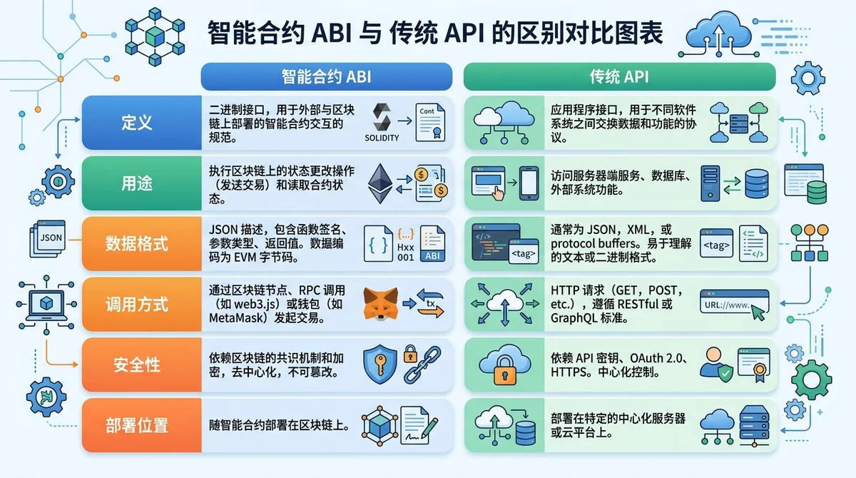 智能合约 ABI 与传统 API 的区别对比图表,包含定义、用途、数据格式、调用方式等维度