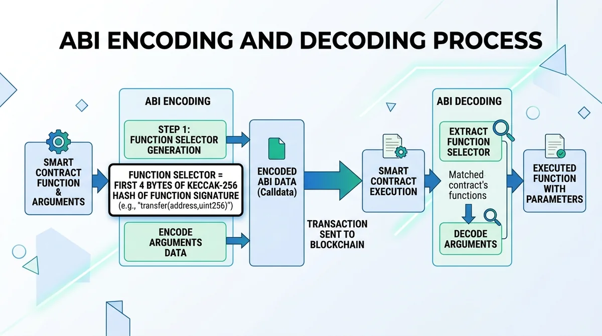 Wide 16:9 horizontal flow diagram, left to right steps showing ABI encoding and decoding process, arrows connecting boxes wit