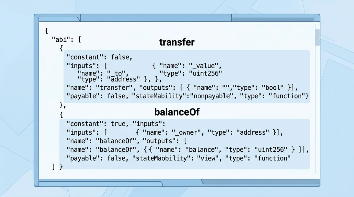 Wide 16:9 horizontal diagram, centered simplified JSON code block showing ERC-20 ABI functions transfer and balanceOf with pa