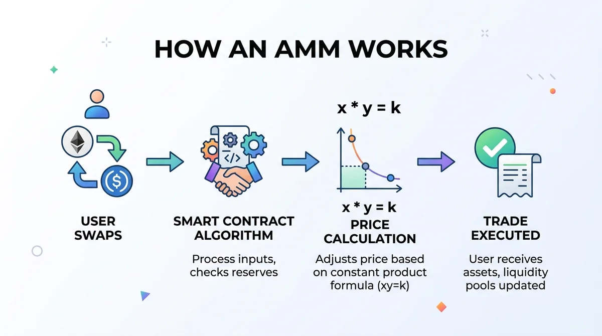 Wide 16:9 horizontal infographic, four-step flow diagram from left to right: user swap, smart contract algorithm, x*y=k price