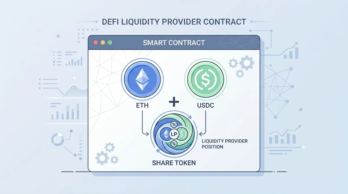 Wide 16:9 horizontal flat illustration, a smart contract box containing two token icons labeled ETH and USDC in balanced prop
