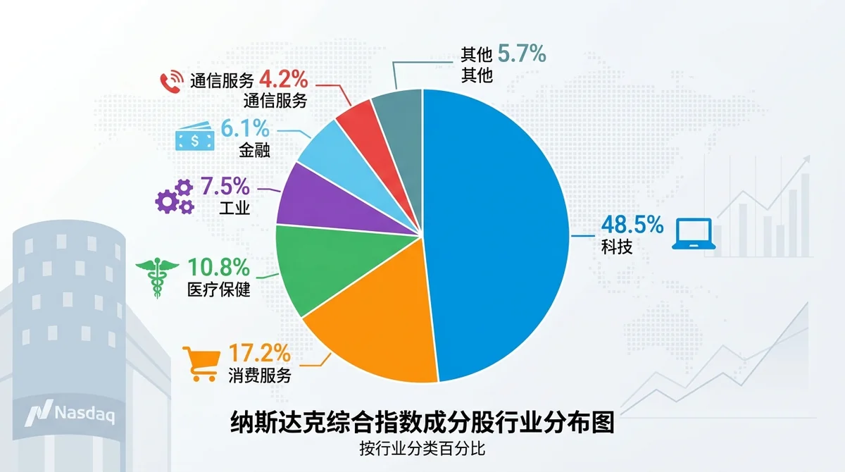 纳斯达克综合指数成分股行业分布饼图(科技、消费、医疗等)