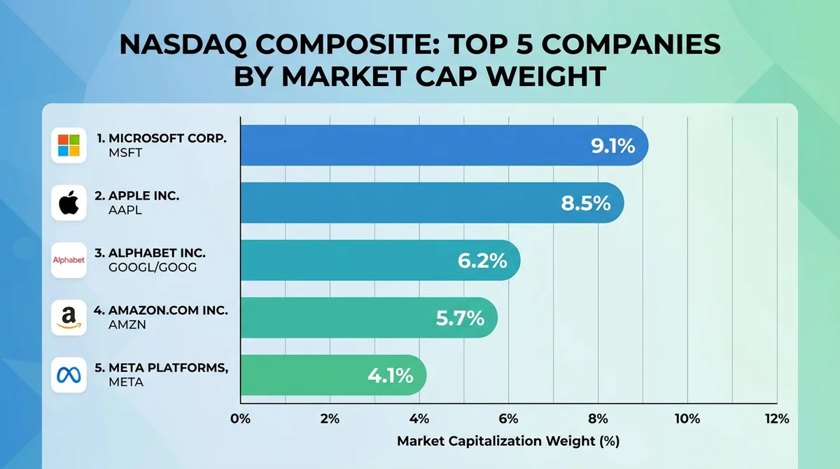 Wide 16:9 horizontal bar chart comparing market capitalization weights of top 5 Nasdaq Composite companies, modern flat desig