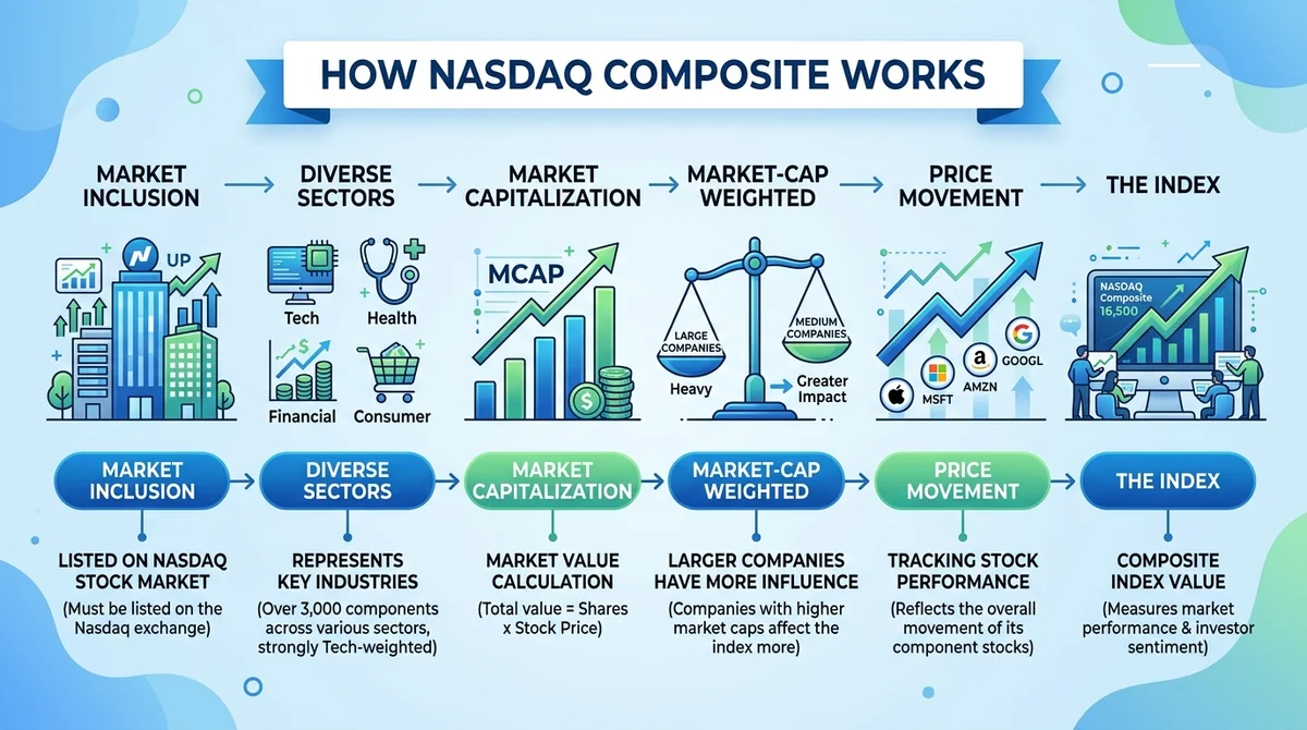 Wide 16:9 horizontal infographic explaining how Nasdaq Compo works, with icons and short English text blocks, modern flat des