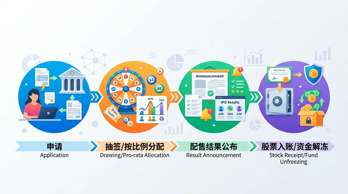 IPO配售流程信息图：申请→抽签/按比例分配→配售结果公布→股票入账/资金解冻，展示关键节点