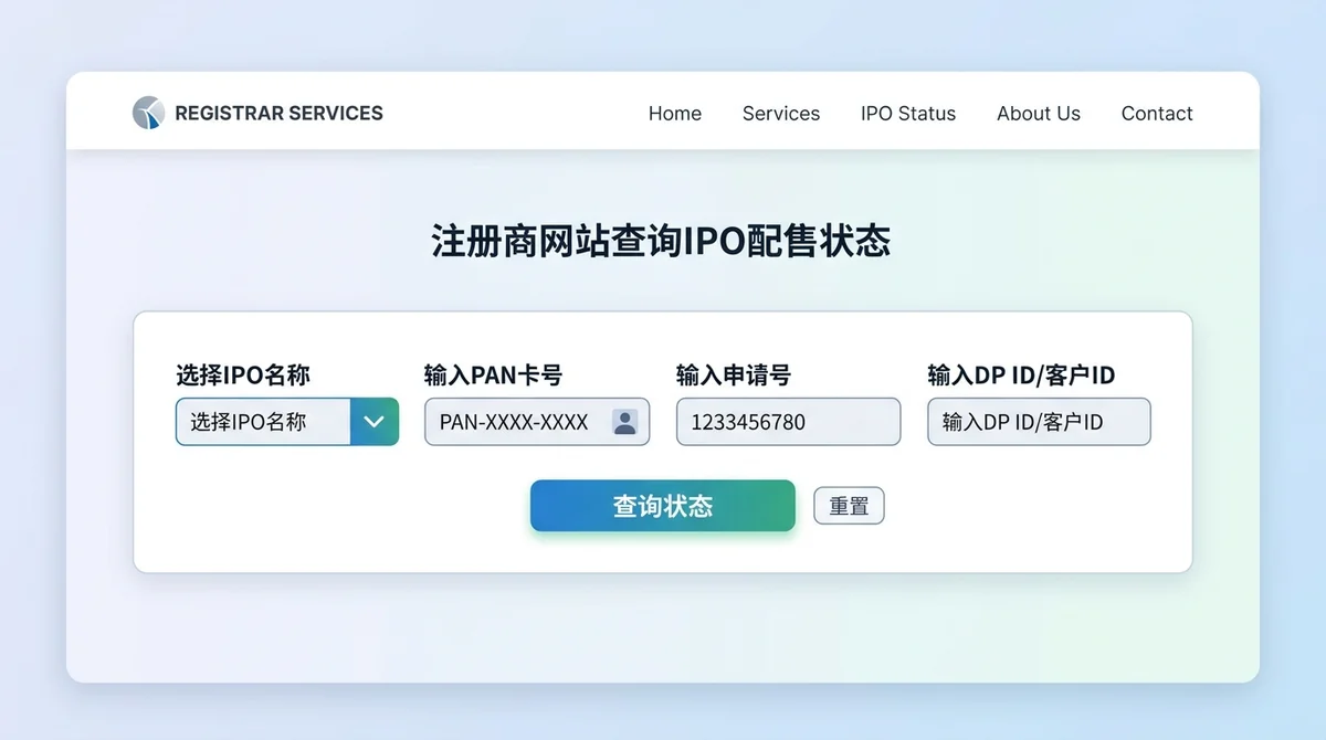注册商网站查询IPO配售状态截图：标注选择IPO名称、输入PAN、输入申请号的输入框位置