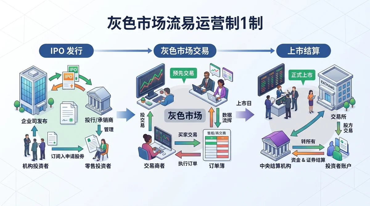 IPO灰色市场运作机制流程图:从IPO发行、灰色市场交易到上市结算的步骤图示