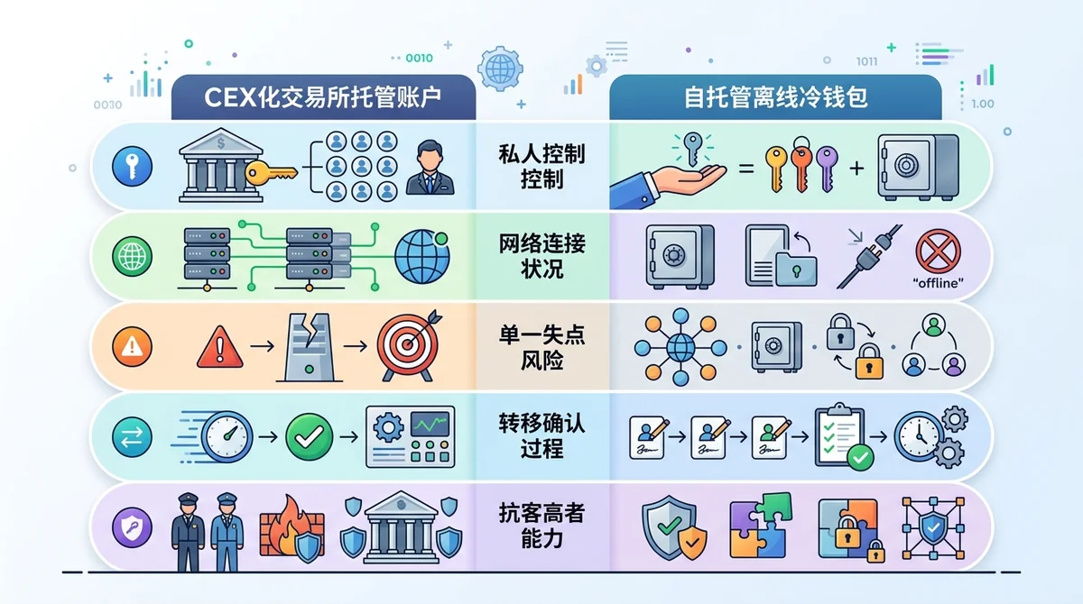 中心化交易所托管账户与自托管离线冷钱包核心差异对比表：对比私钥控制权、网络连接状态、单点故障风险、转账确认流程及防黑客能力5个维度