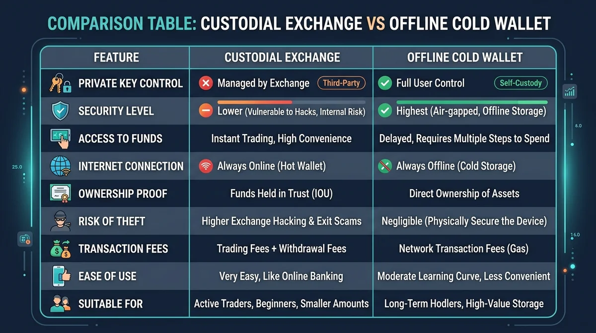 Wide 16:9 horizontal comparison table comparing 'Custodial Exchange' vs 'Offline Cold Wallet', structured columns with clear