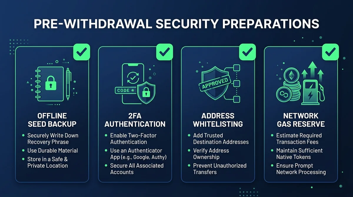 Wide 16:9 horizontal 4-step checklist infographic detailing pre-withdrawal security preparations: 1. Offline Seed Backup, 2.