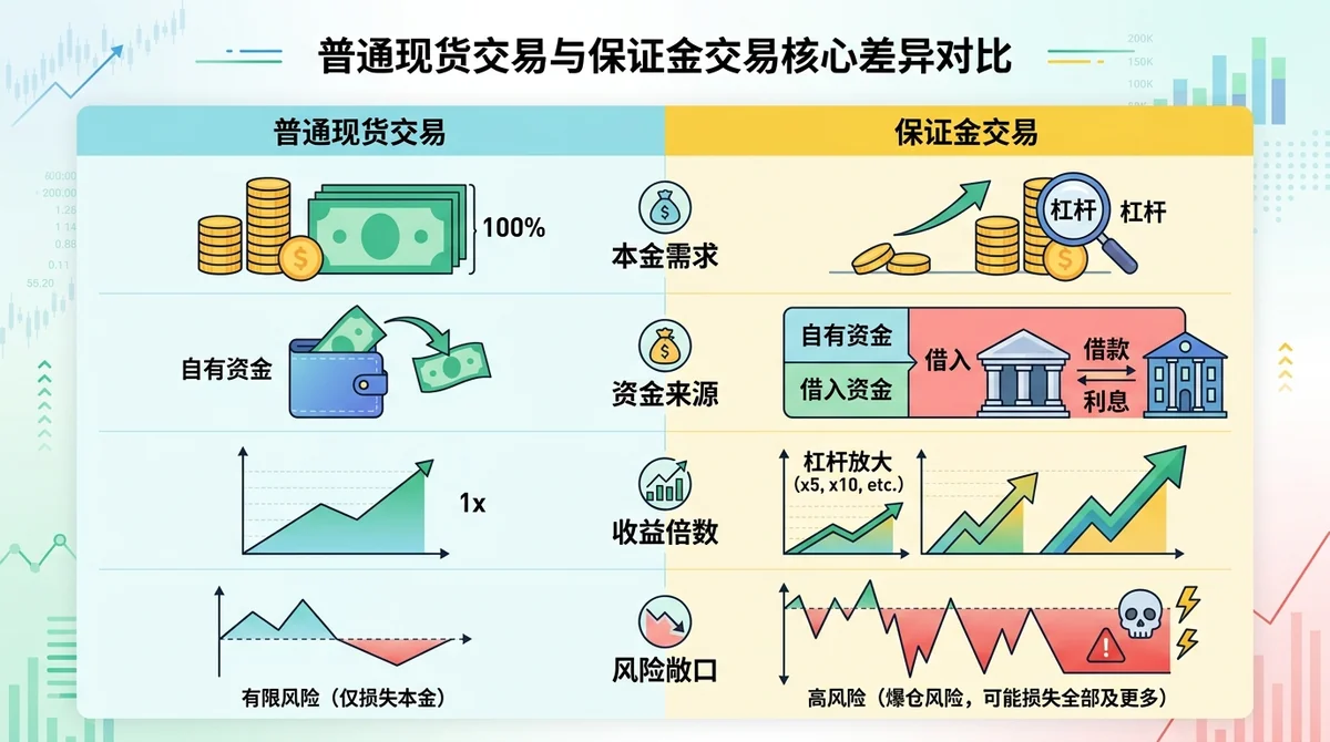 普通现货交易与保证金交易核心差异对比图表:左右分栏对比本金需求、资金来源、收益倍数与风险敞口