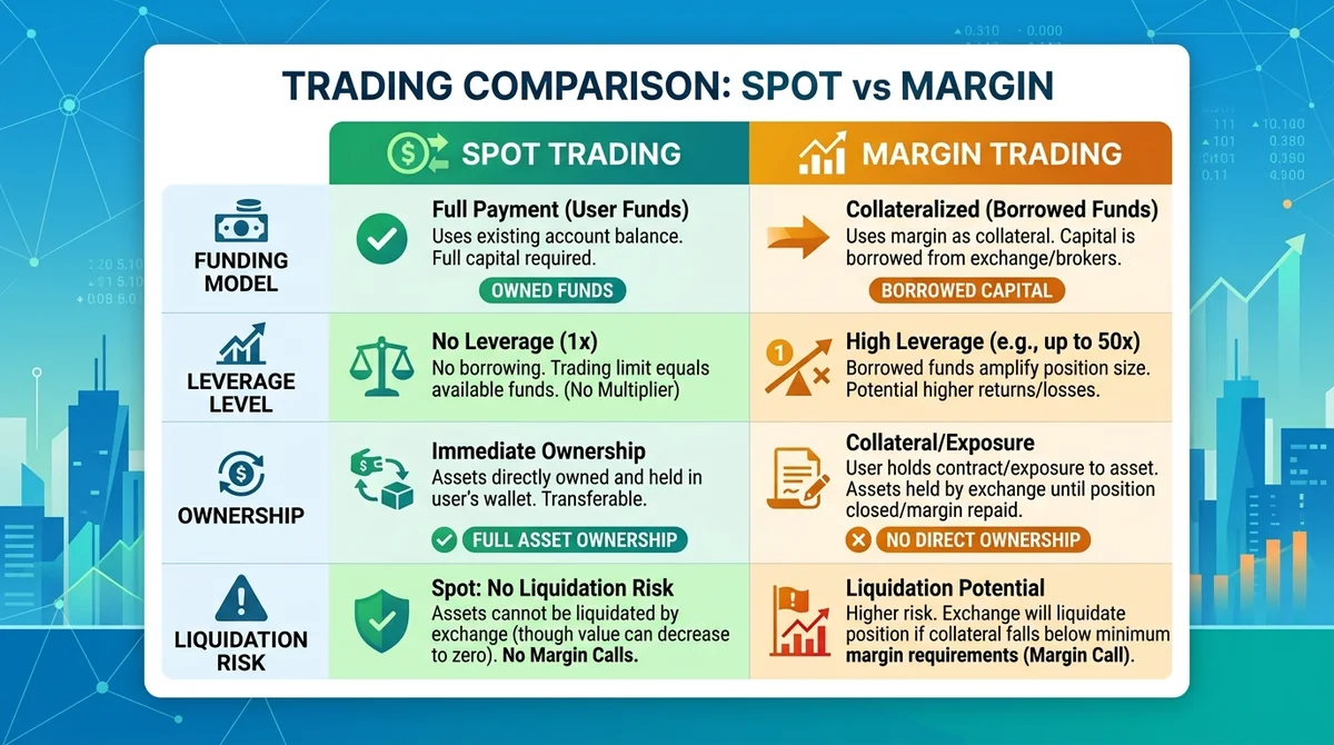 Wide 16:9 horizontal comparison chart, clean corporate fintech theme, two distinct columns contrasting 'Spot Trading' vs 'Mar