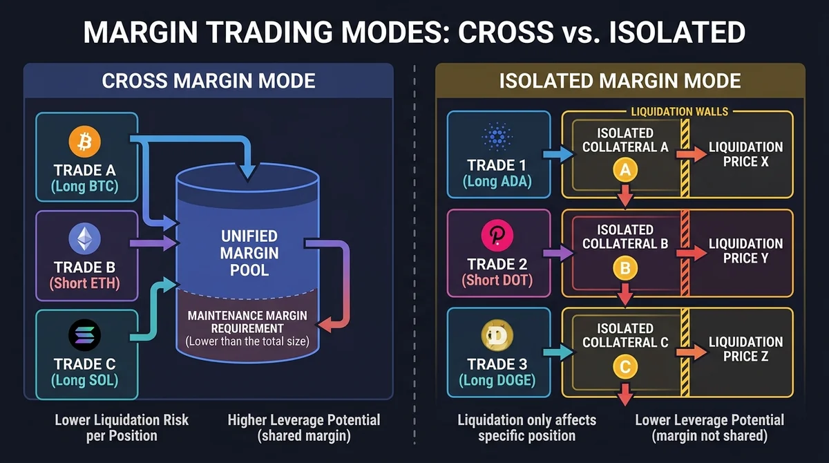 Wide 16:9 horizontal comparison chart split into two columns. Left column labeled 'Cross Margin Mode' with a single unified p