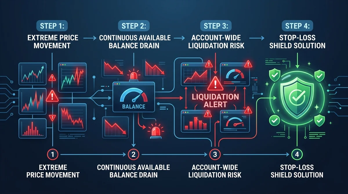 Wide 16:9 horizontal infographic showing a step-by-step risk breakdown. Step 1: Extreme Price Movement, Step 2: Continuous Av