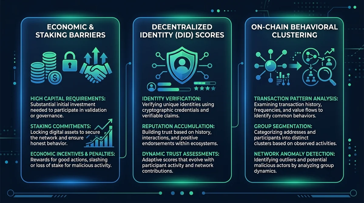 Wide 16:9 horizontal infographic diagram with 3 clearly defined horizontal or column cards: 1. 'Economic & Staking Barriers',