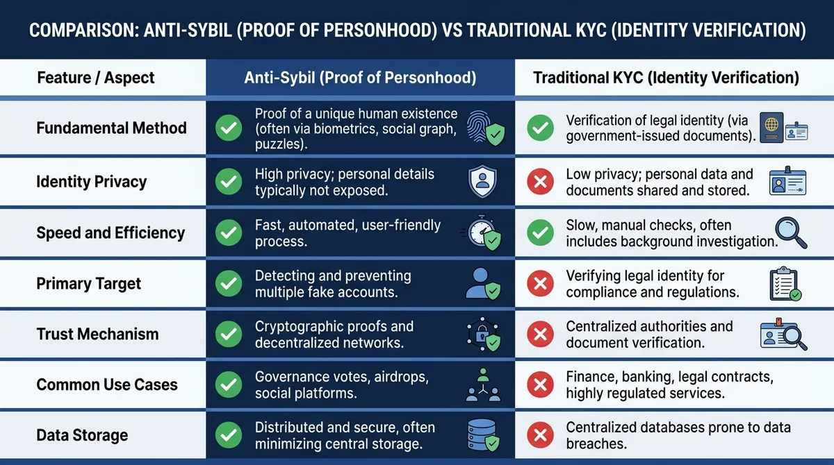 Wide 16:9 horizontal comparison table chart comparing 'Anti-Sybil (Proof of Personhood)' versus 'Traditional KYC (Identity Ve