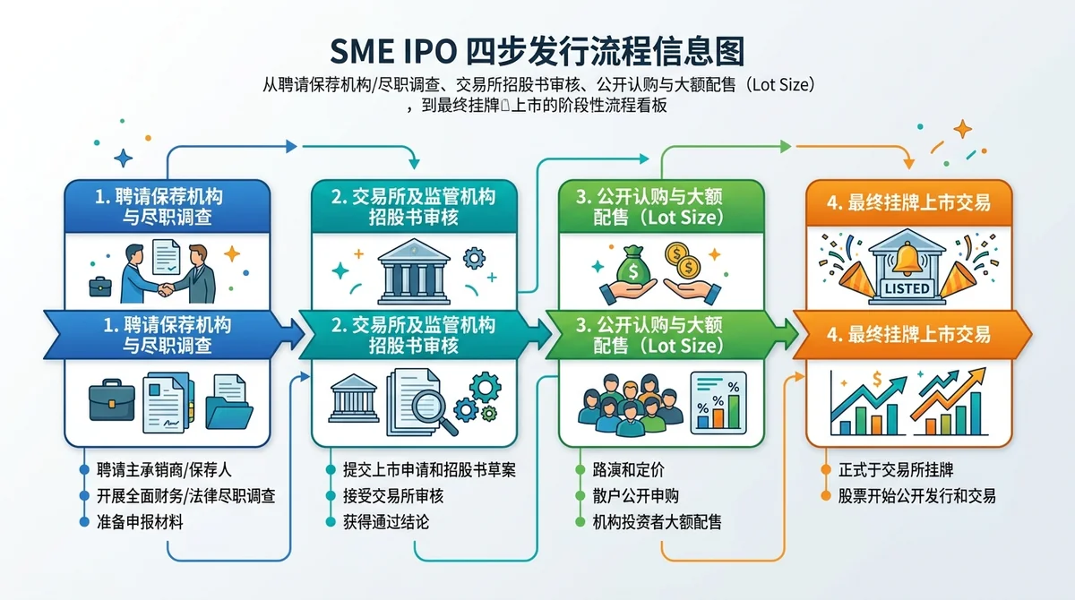 SME IPO 四步发行流程信息图:从聘请保荐机构/尽职调查、交易所招股书审核、公开认购与大额配售(Lot Size),到最终挂牌上市的阶段性流程看板。