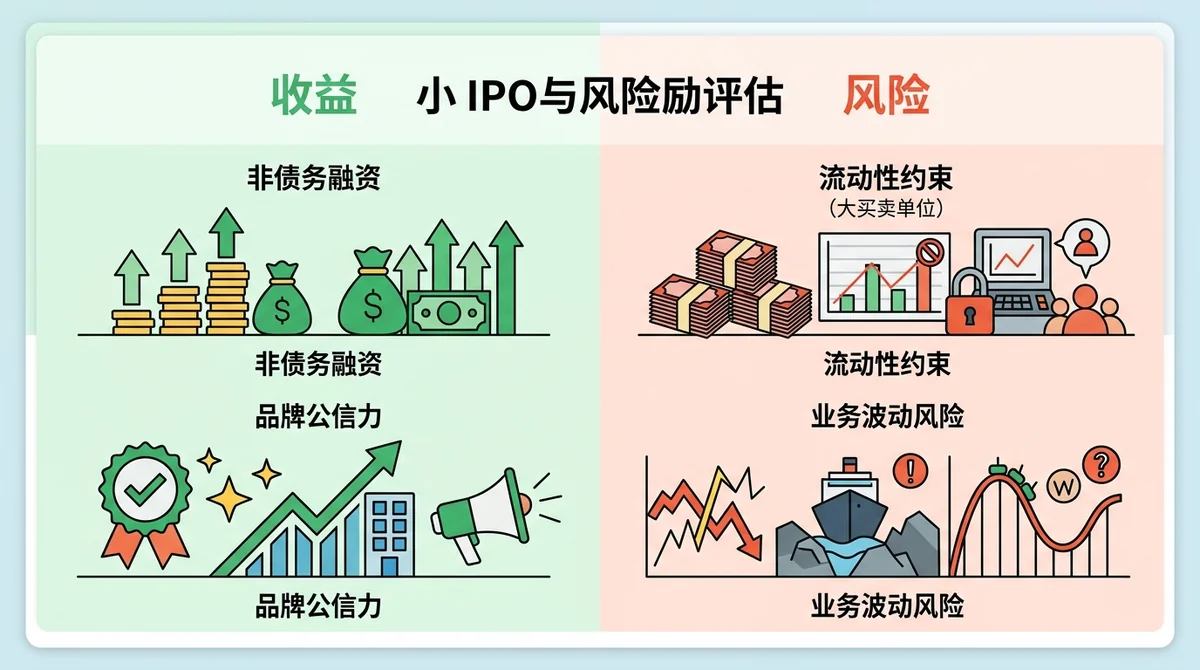 SME IPO 风险与收益评估对比卡片图:左侧列出非债务融资与品牌公信力优势,右侧列出流动性约束(大买卖单位 Lot Size)及业务波动风险。