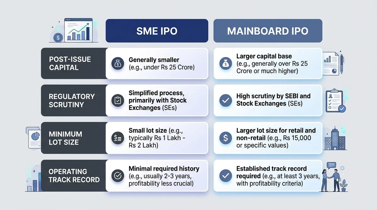Wide 16:9 horizontal comparison table infographic, contrasting 'SME IPO' versus 'Mainboard IPO' across 4 structured rows ('Po