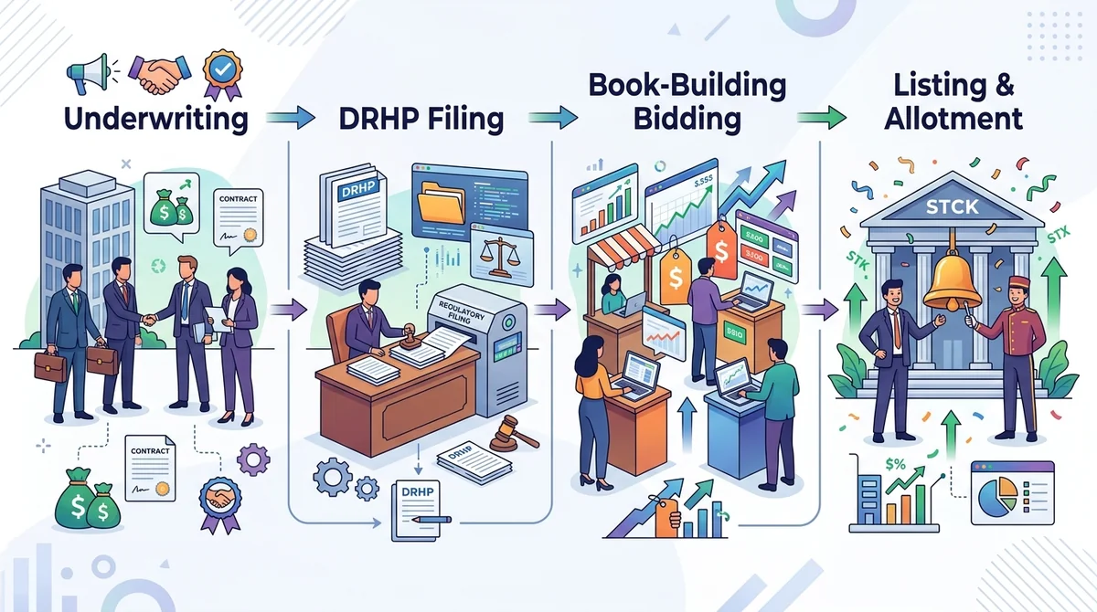 IPO 上市全流程四步演进信息图：详细展示承销商聘请（Underwriting）、招股书备案（DRHP Filing）、询价与公开认购（Book-Building Bidding）、挂牌上市与配售（Listing & Allotment）。