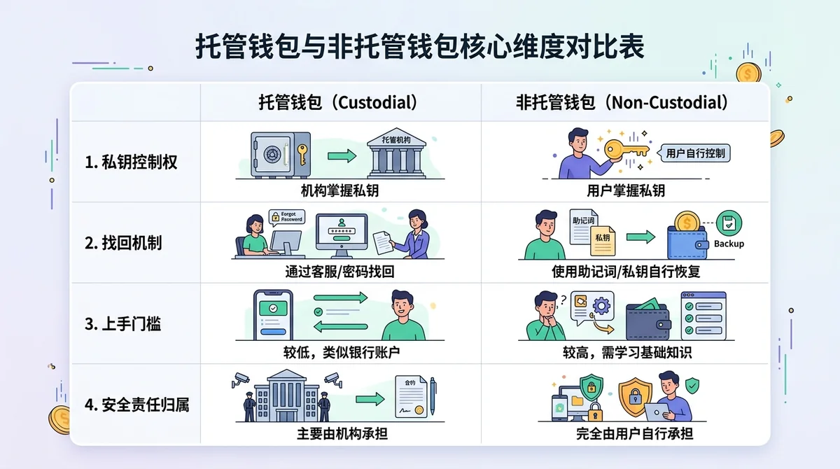 托管钱包与非托管钱包核心维度对比表，对比私钥控制权、找回机制、上手门槛与安全责任归属