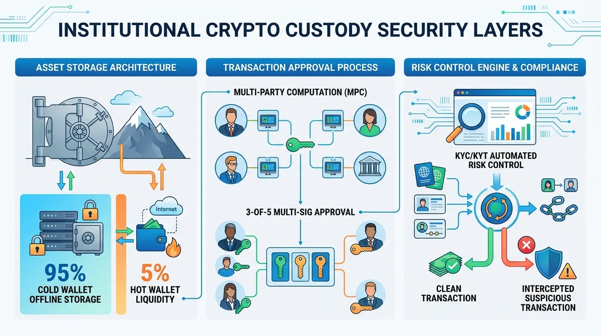 Wide 16:9 horizontal infographic flowchart illustrating institutional crypto custody security layers. Left panel: 95% Cold Wa