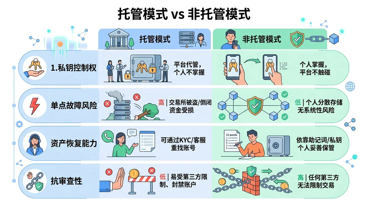 托管与非托管模式横向对比表格图：清晰对比私钥控制权、单点故障风险、资产恢复能力、抗审查性四大维度差异