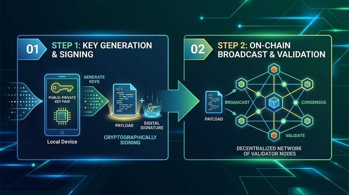 Wide 16:9 horizontal process infographic showing a 2-step workflow from left to right. Step 1: A mobile/hardware wallet clien