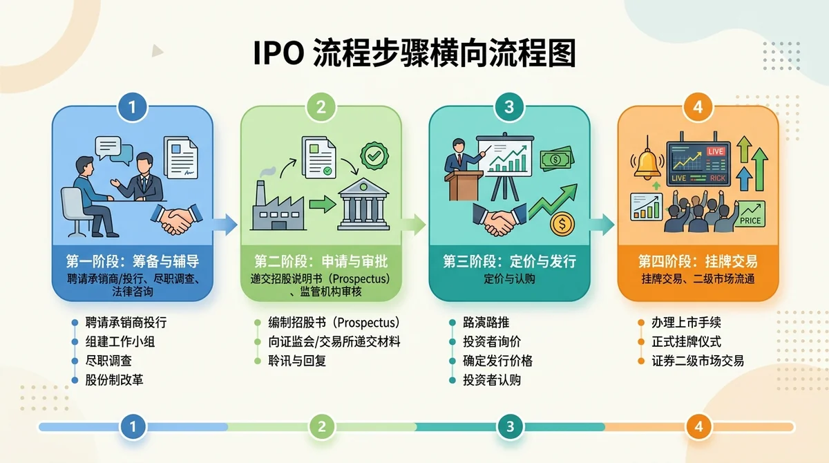 IPO 流程步骤横向流程图：从聘请承销商投行、递交招股说明书（Prospectus）、定价与认购到挂牌交易的 4 个完整阶段
