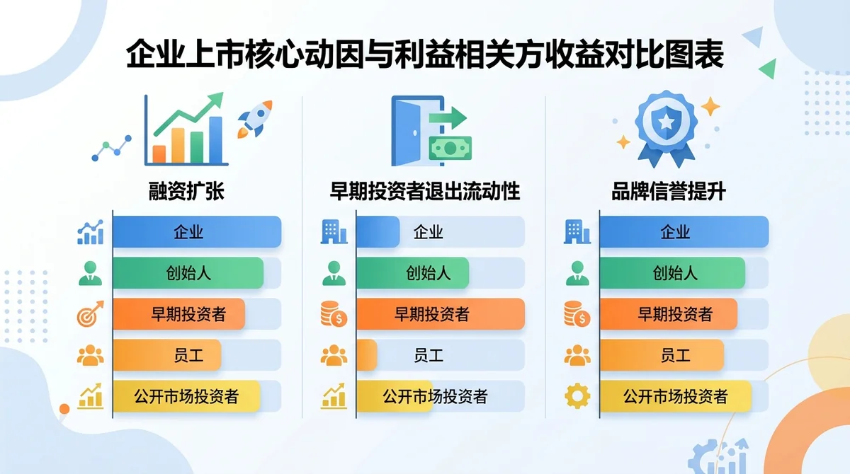 企业上市核心动因与利益相关方收益对比图表：横向对比融资扩张、早期投资者退出流动性与品牌信誉提升三个维度的价值分布