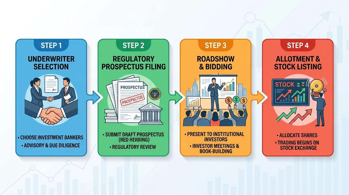 Wide 16:9 horizontal timeline infographic, 4 sequential milestone cards connected with directional arrows: Step 1 'Underwrite