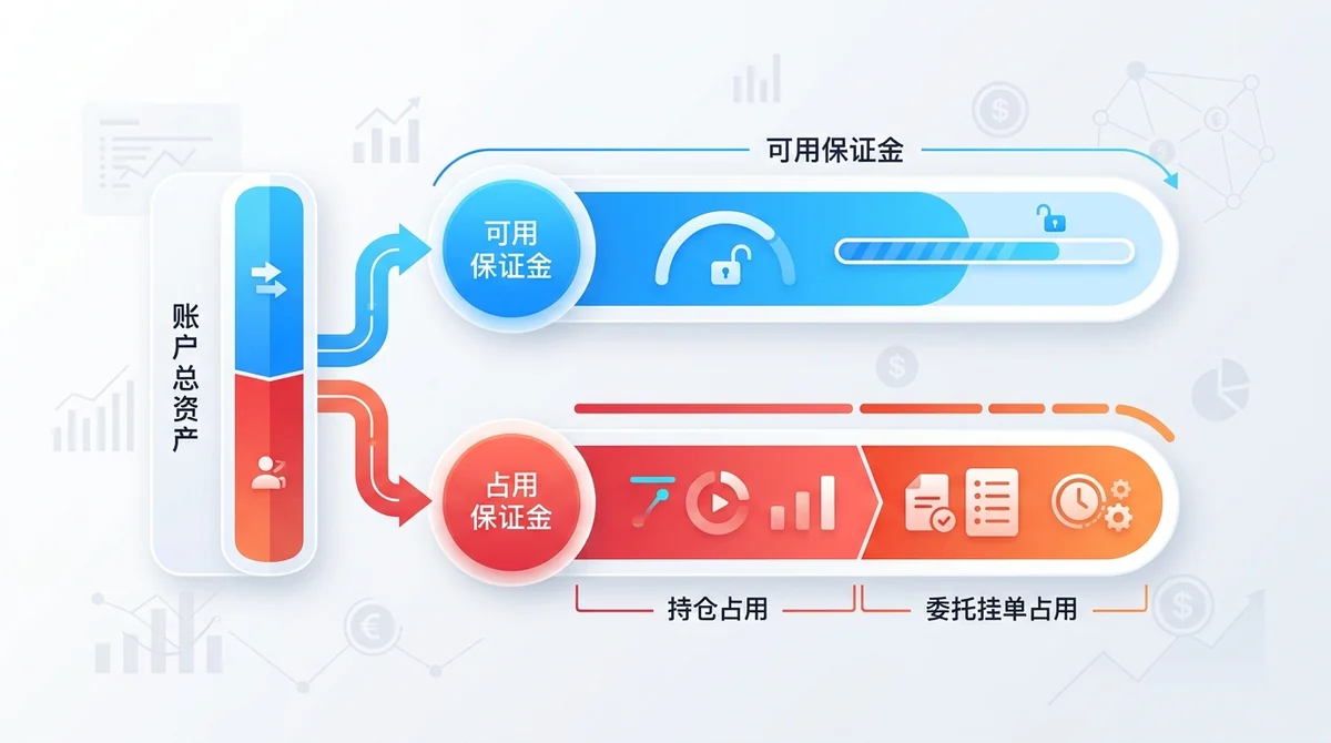账户总资产拆解对比图：清晰展示可用保证金（Available Margin）与占用保证金（Used Margin，含持仓占用与委托挂单占用）的构成结构与分配差异。