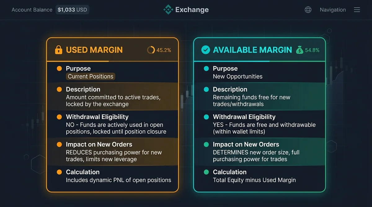Wide 16:9 horizontal comparison table diagram, two distinct colored column cards on dark background comparing 'Used Margin' i