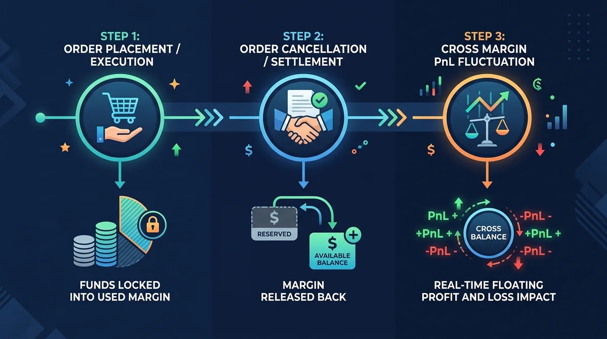 Wide 16:9 horizontal process flowchart, three-stage horizontal pathway with clean arrows and circular node icons on a navy bl