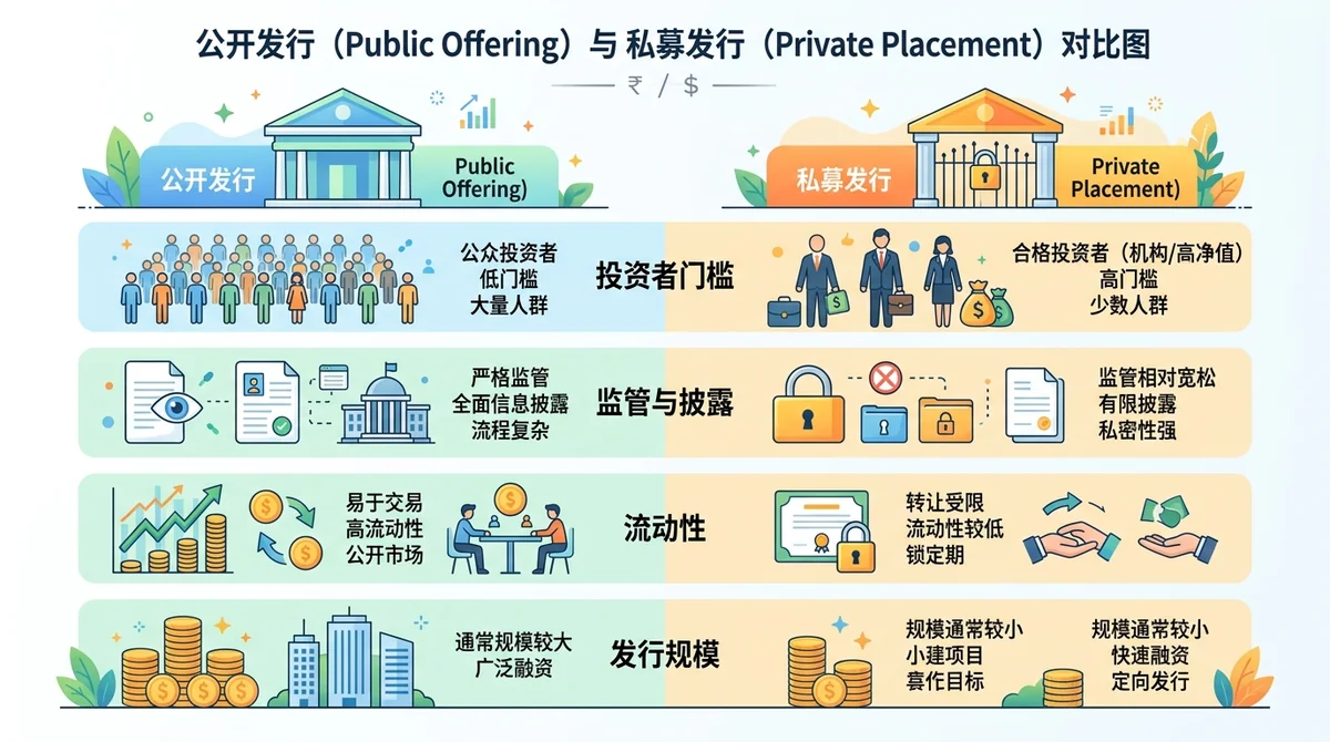 公开发行（Public Offering）与私募发行（Private Placement）在投资者门槛、监管披露、流动性及发行规模等维度的对比图表