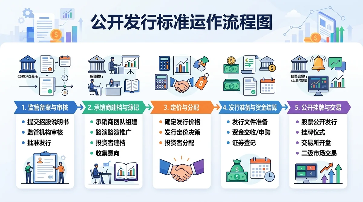 公开发行标准运作流程图：从监管招股说明书备案、承销商建档定价，到公开挂牌与二级市场交易的端到端生命周期步骤图