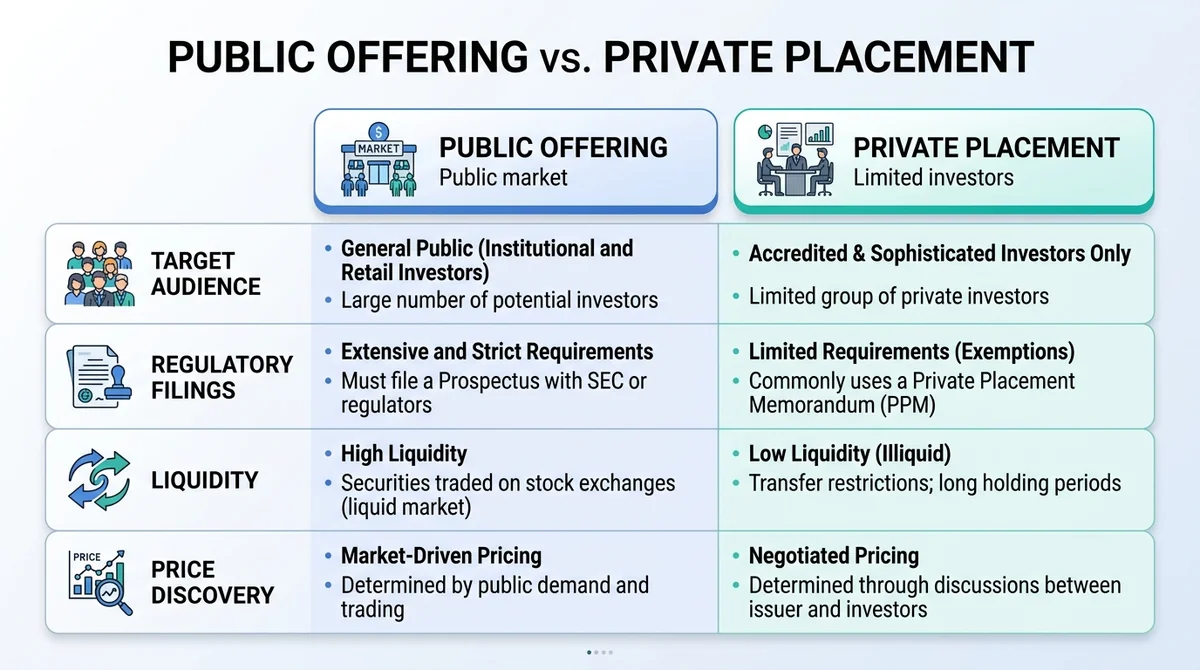 Wide 16:9 comparison infographic table titled 'Public Offering vs. Private Placement', clean two-column comparison card layou
